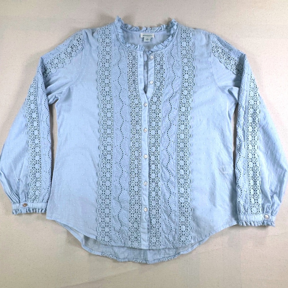 Sundance Womens Blue Cotton Eyelet Crochet Lace Swiss Dot Button Down Blouse L